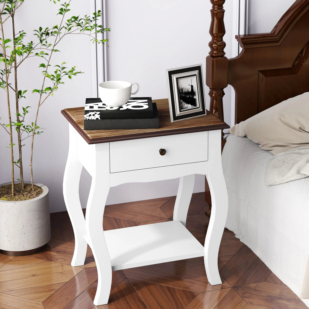Comodino con Cassetto e Ripiano Aperto in Stile Francese in Legno, 45x35x55 cm, Bianco e Rovere