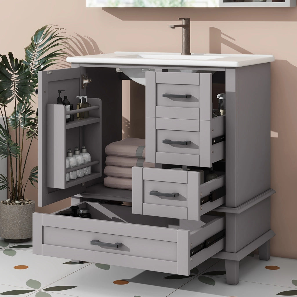 Mobile sottolavabo con lavabo in ceramica, tre cassetti e anta, freestanding, grigio 76 × 46 × 83,5 cm