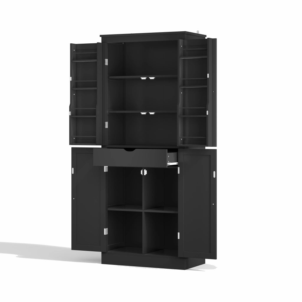 Credenza alta multifunzionale con due ante, ripiani e cassetto interno, 182 × 75 × 40 cm, in MDF, colore nero