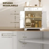 Credenza Bassa con Armadietto 2 Ante, Ripiani Regolabili e 2 Cassetti, Bianco e Legno