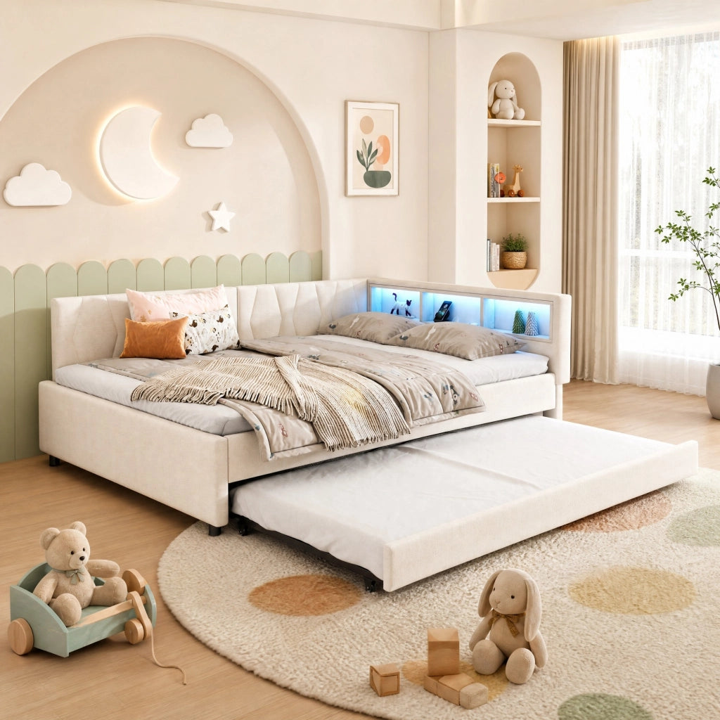 Letto con letto estraibile 140 × 200 cm con vani portaoggetti LED USB e Type-C in lino e MDF beige