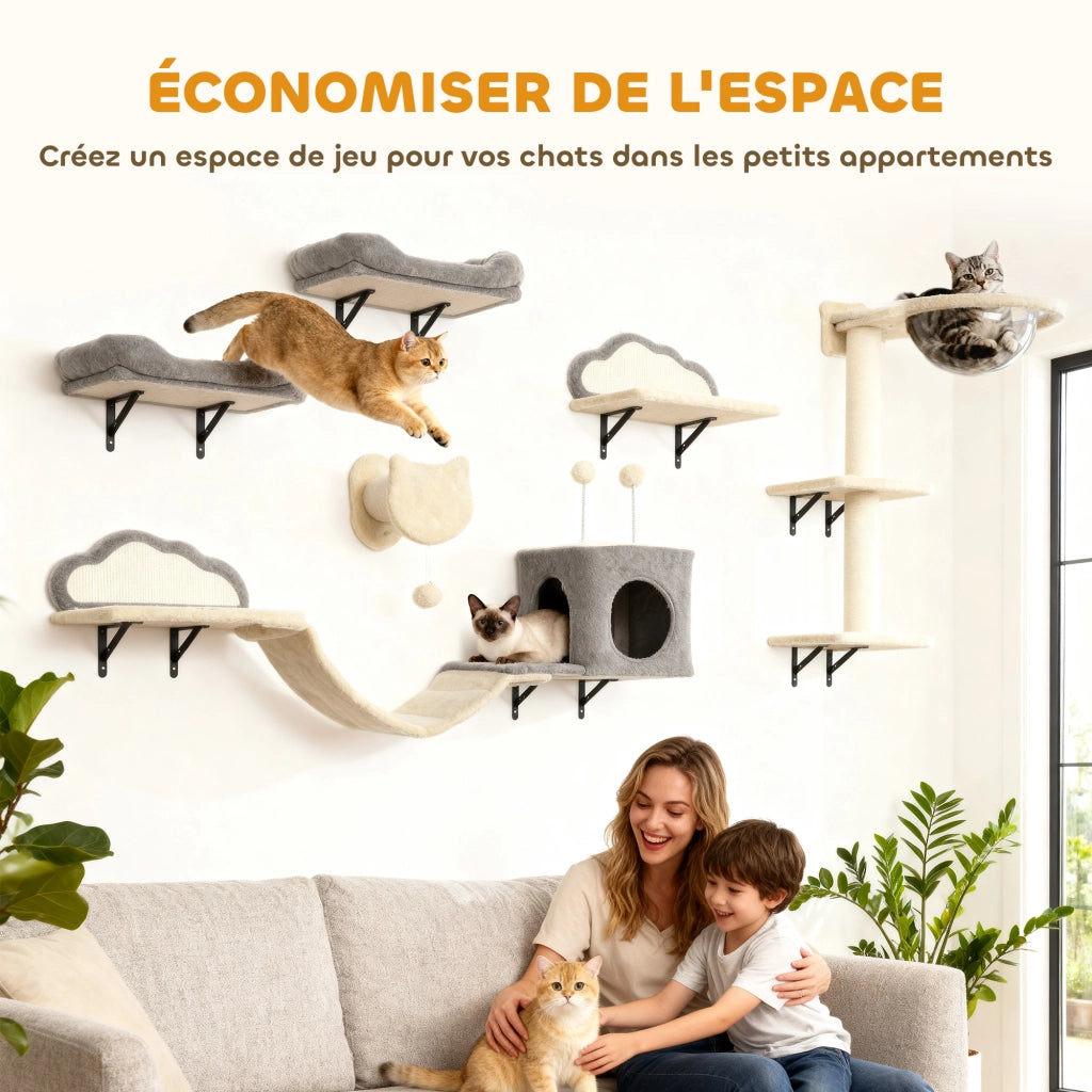 Sistema di scaffalature murali per gatti 6 pezzi con amaca e nicchia ¨C zephmum ¨C beige