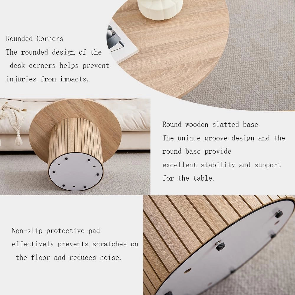 GrandCA HOME - Set di 2 Tavolini Rotondi da Caffè, Tavolino Rotondo da Divano, Piano in MDF con Base a Doghe in Legno, Ideale per Soggiorno e Ufficio (Venature in Legno Naturale)