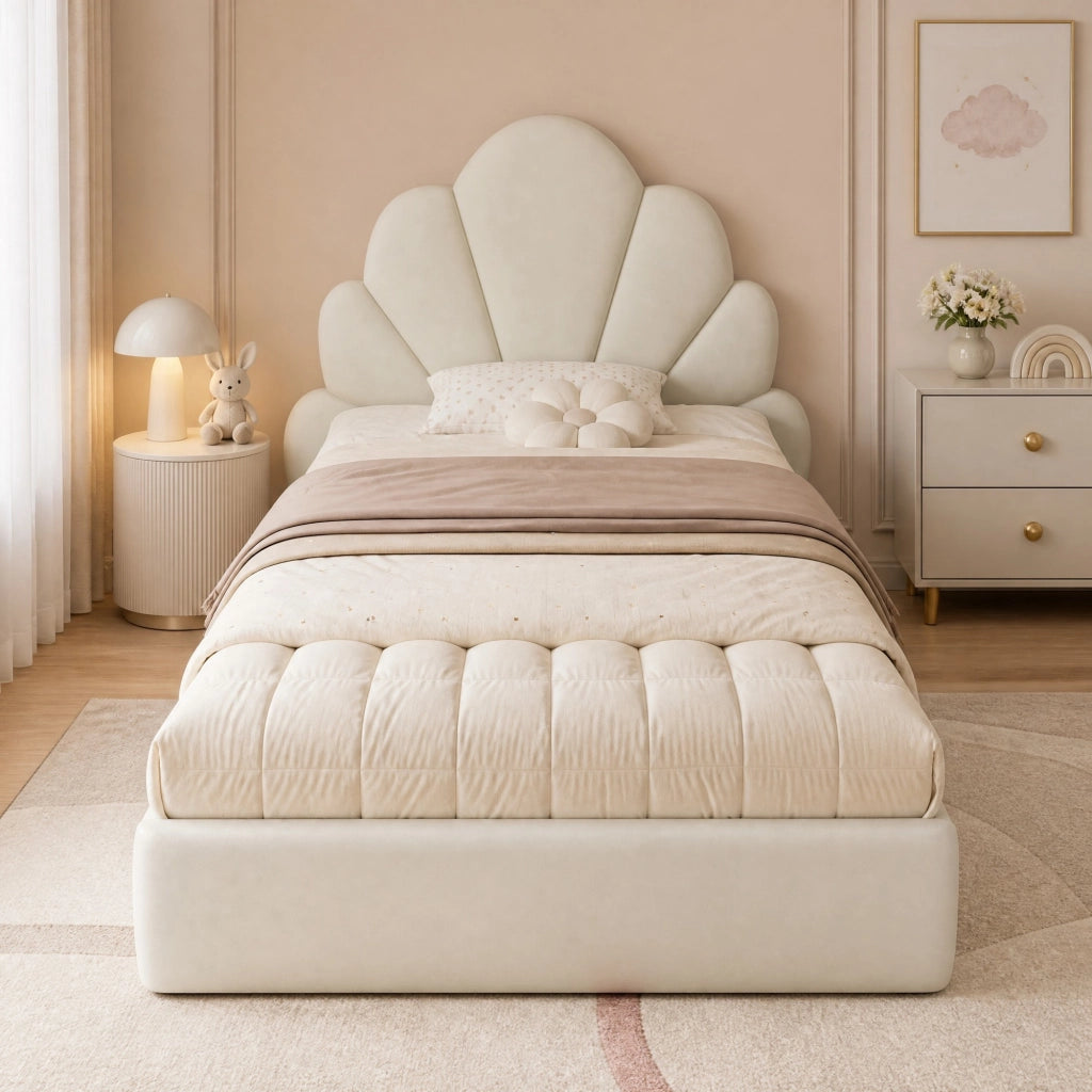 Letto singolo imbottito beige 90x200 cm con testiera floreale