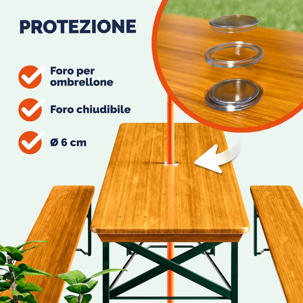 Set da Birreria Pieghevole 170cm Tavolo (170x46x75cm) con Foro Ombrellone 2x Panche in Legno (170x23x46cm) Party Sagra Festa Evento Giardino