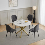 GrandCA HOME Set Tavolo e Sedie da Pranzo, Tavolo da Pranzo Rotondo da 100 CM e 4 Sedie Moderne in Lino, per Sala da Pranzo, Cucina, Soggiorno (Marmo + Grigio Scuro)