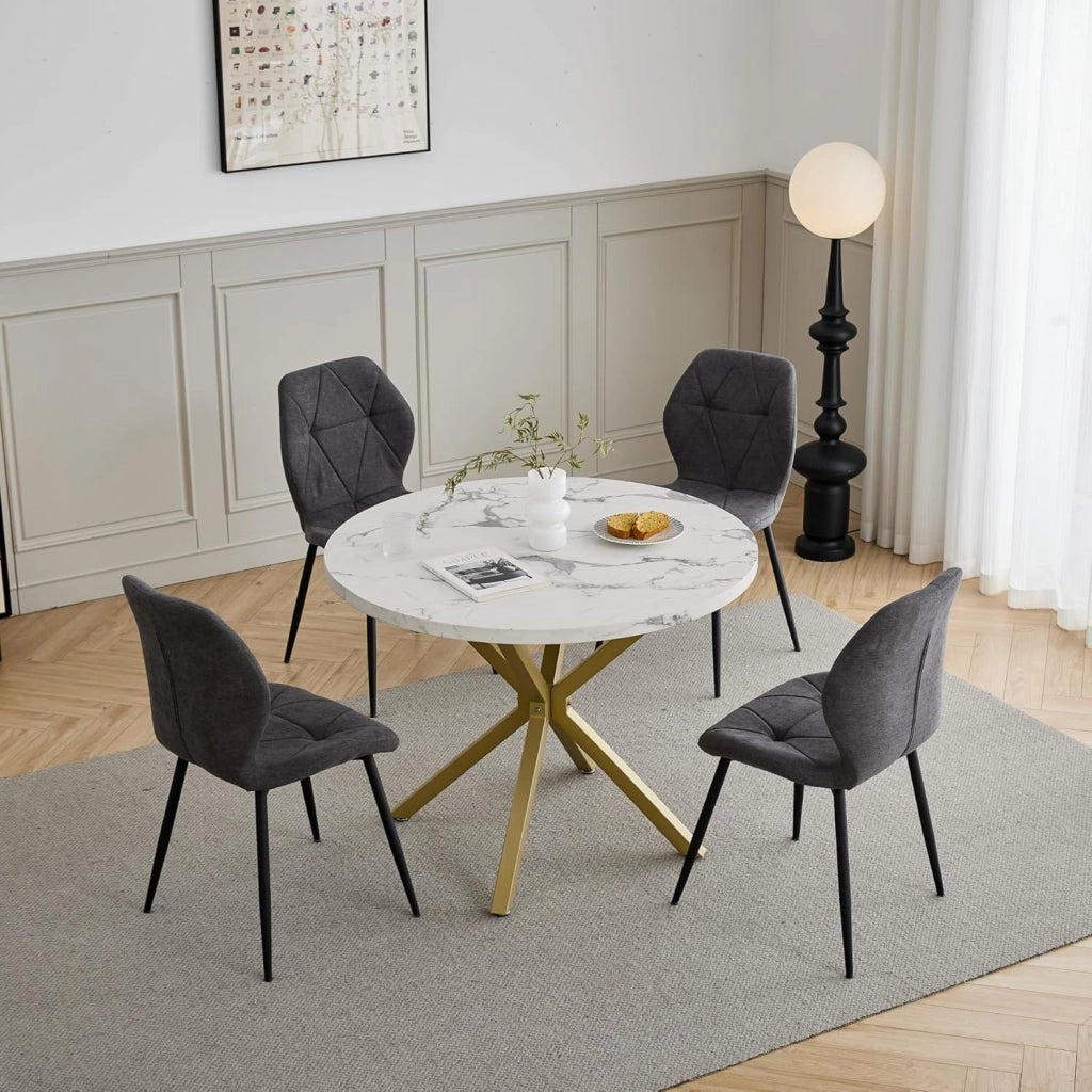 GrandCA HOME Set Tavolo e Sedie da Pranzo, Tavolo da Pranzo Rotondo da 100 CM e 4 Sedie Moderne in Lino, per Sala da Pranzo, Cucina, Soggiorno (Marmo + Grigio Scuro)