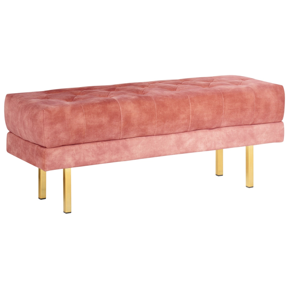 Panca Rosa Tessuto imbottito Velluto Accento di metallo Gambe d'oro Panca da letto Sgabello