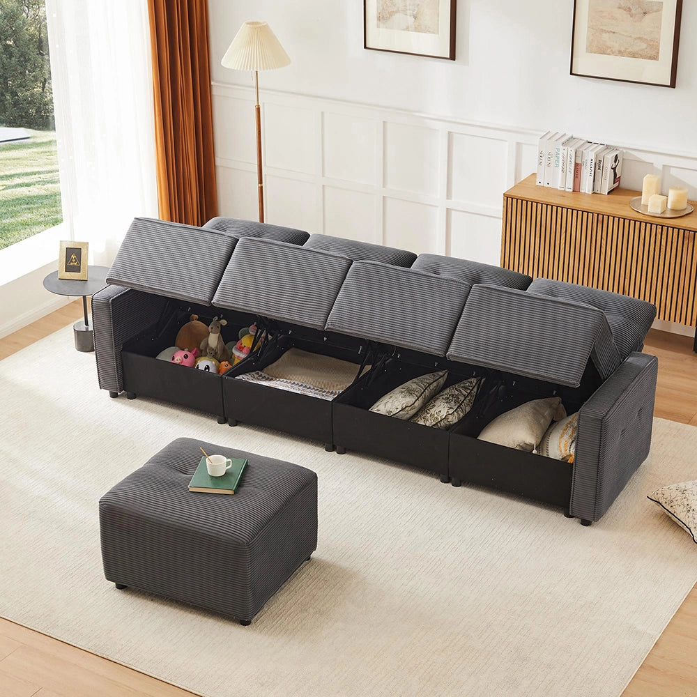 Divano 4 posti in velluto costato con pouf - Xylo - Grigio - 280x146x85 cm - Sedili con spazio di archiviazione