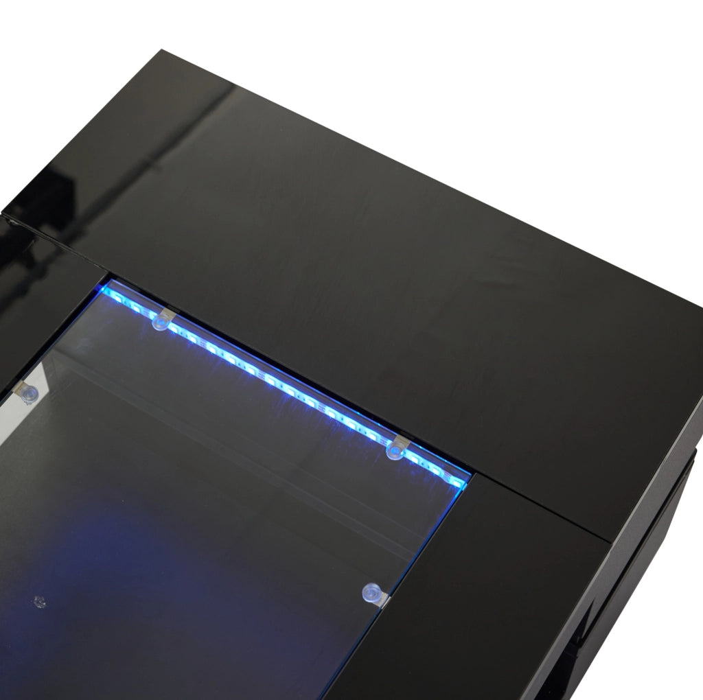 Tavolino da caffè LED nero 100x50x35 cm con app; vetro temperato e doppio ripiano