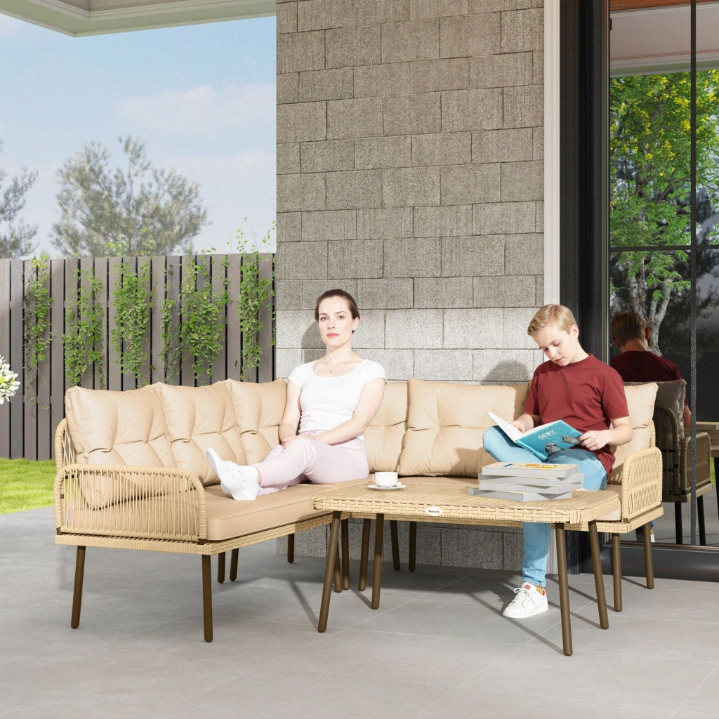 Salotto da Giardino in Rattan 2 Divanetti e Poltrona Angolare con Cuscini, Tavolino in Vetro, Colore Legno