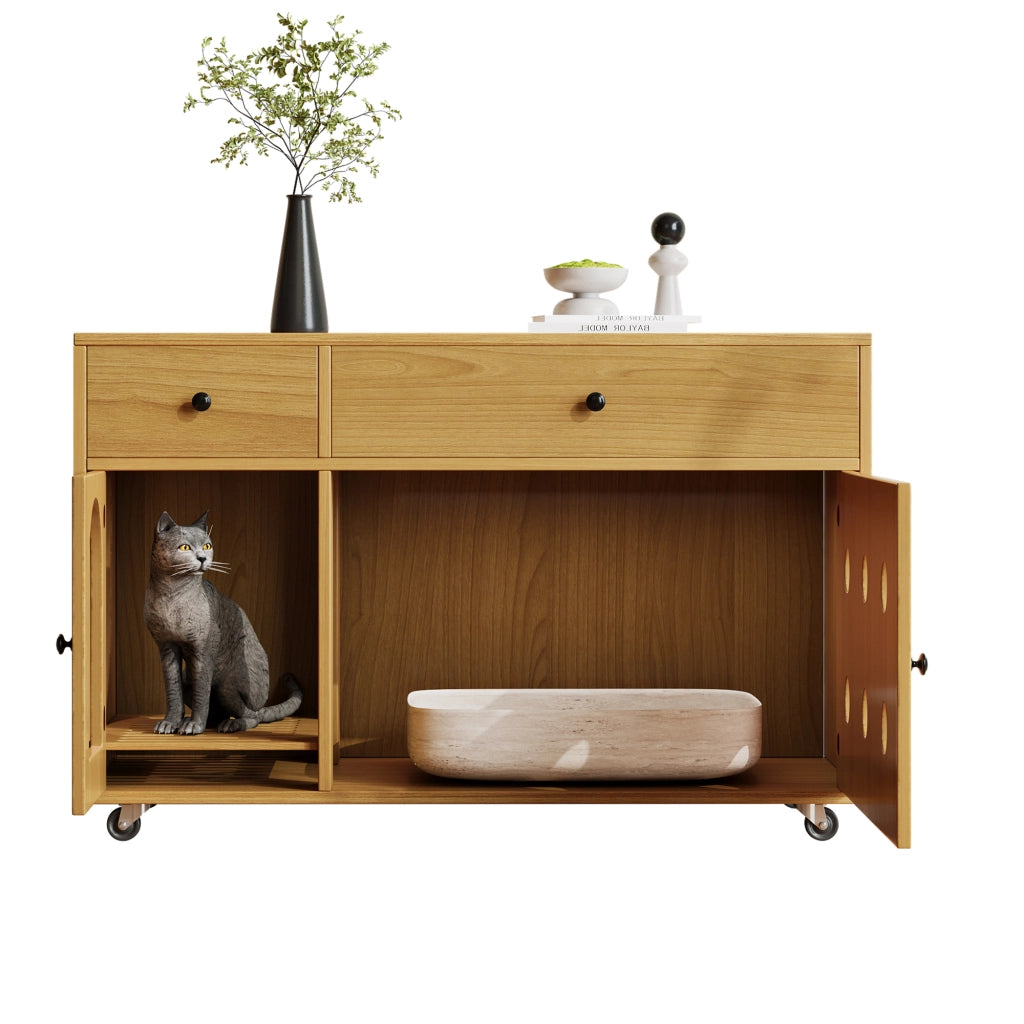Mobile coperto per lettiera per gatti con 2 cassetti e ripiano superiore, per soggiorno, in MDF, naturale, 100 × 45 × 66 cm