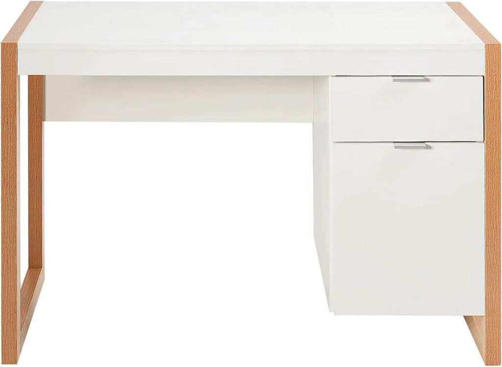 Scrivania per Computer, Scrittoio per Studio Moderno con Cassetto e Armadietto Spazioso in Legno Solido, per Ufficio/Casa, Portata di 70kg, 112,5x 50x75cm, Bianco (Bianco)