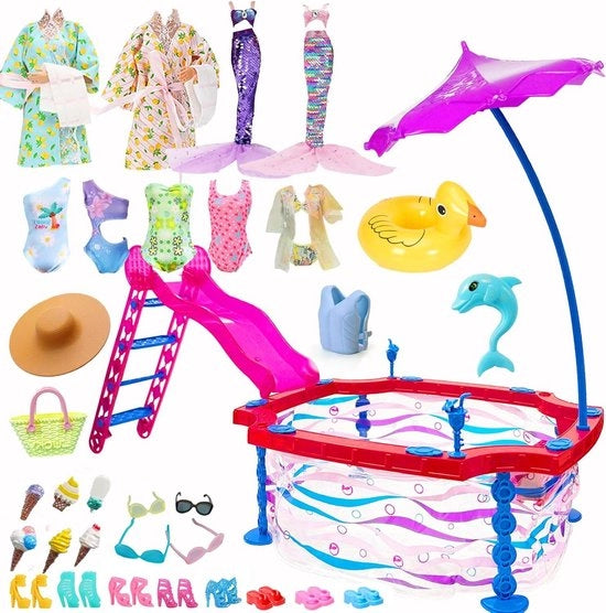 Bagnetto per bambole con scivolo e accessori per costume da bagno mare e costume da bagno Hawaii - set di nuotata per bambole da 30 cm per bambini da 3 anni