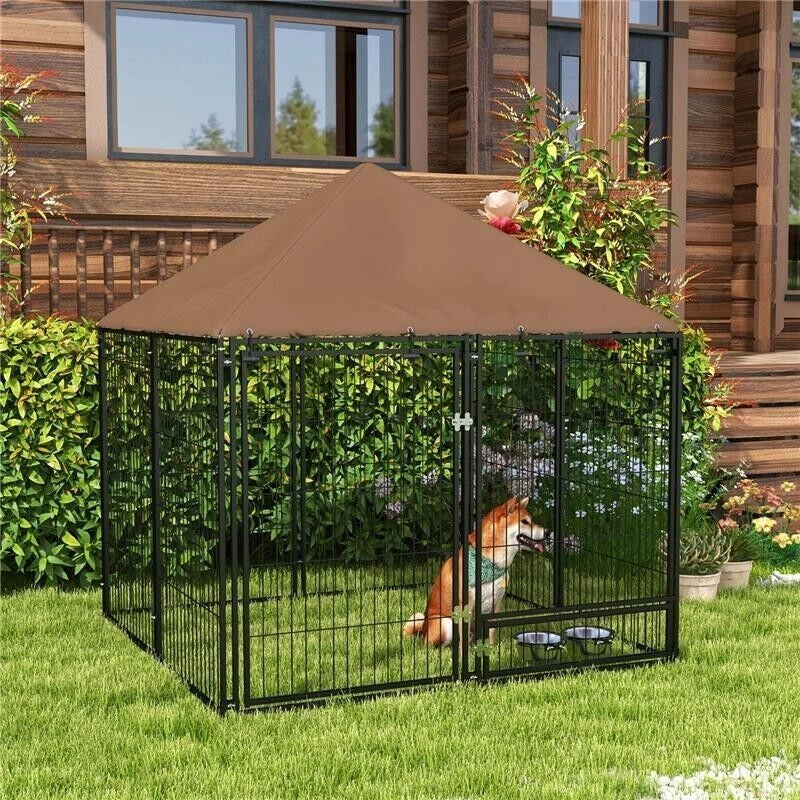 RECINTO PER CANI IN METALLO E TESSUTO OXFORD CON PORTICINA PER CIOTOLE, 141X141X151 CM, NERO E MARRONE