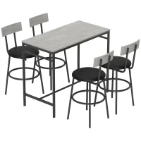 Set Tavolo Alto e 4 Sgabelli da Bar con Schienale e Poggiapiedi in Stile Industriale, Grigio Cemento