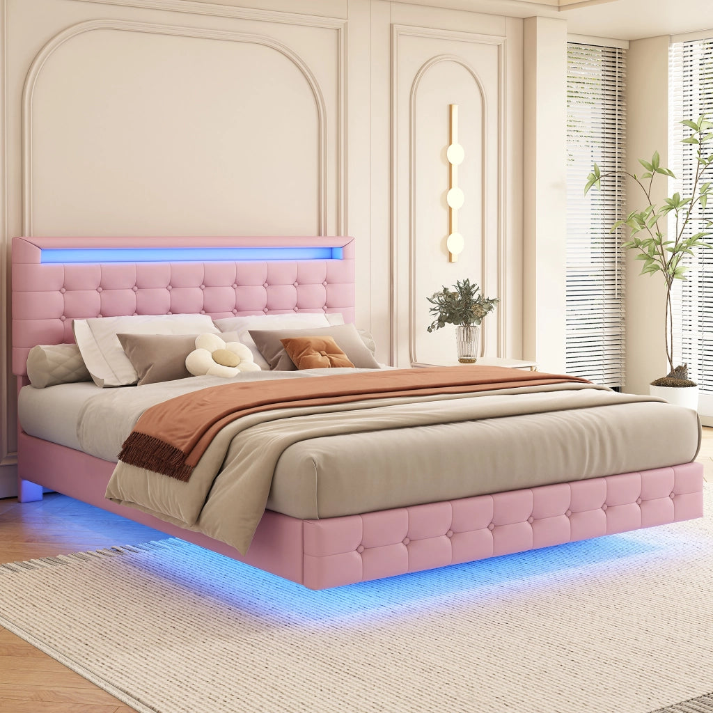 LETTO fluttuante 140x200 cm PU rosa con LED e testiera regolabile