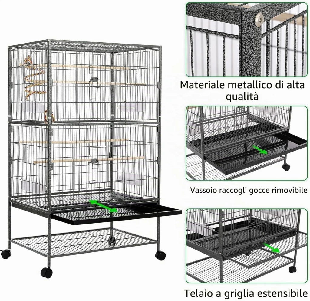 Gabbia Pappagalli, Gabbia per Uccelli con 4 ruote, Voliera per Pappagalli, con ciotola per Mangiatoia, Giocattolo a Gabbia, Altalena per Uccelli con 2 ante, 132 x 78 x 52 cm (Nero)