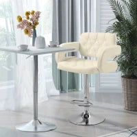 Sgabello da Bar Alto con Schienale e Braccioli, Sgabello da Cucina Moderno Girevole con Altezza Regolabile e Poggiapiedi, in Finta Pelle, 61x50x94-114cm, Bianco