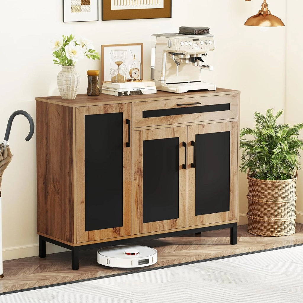 Credenza Buffet da 120 cm, Mobile Bar in Legno con Cassetto, 3 Ante, Ripiani e Gambe in Metallo, Mobile Contenitore in Stile Farmhouse per Cucina, Sala da Pranzo e Soggiorno