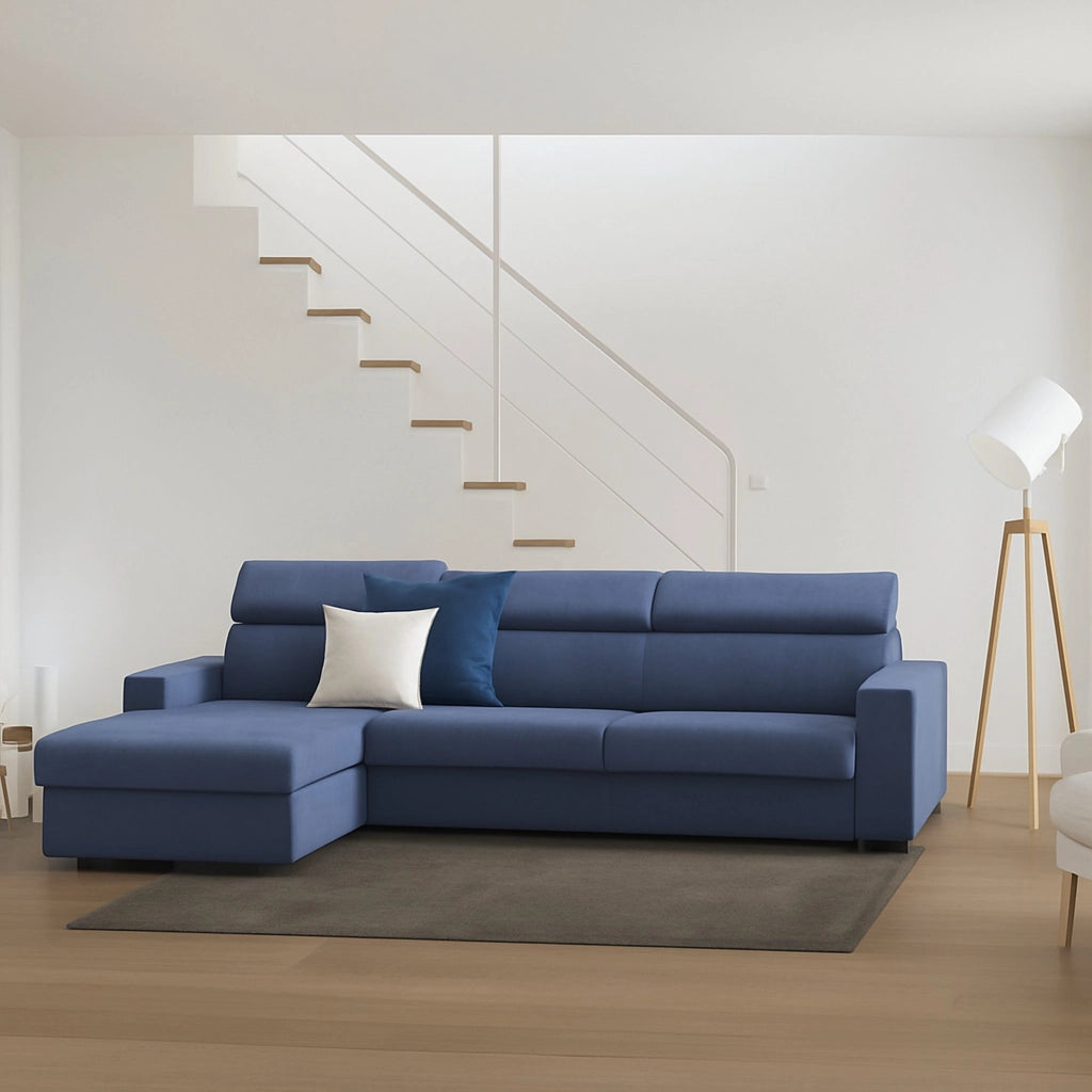 Divano fisso Akela, Divano ad angolo, Made in Italy, SofÒ  Soggiorno con chaise longue, in tessuto imbottito - Penisola contenitore Sinistra, con Braccioli standard, cm 280x95h85, Blu