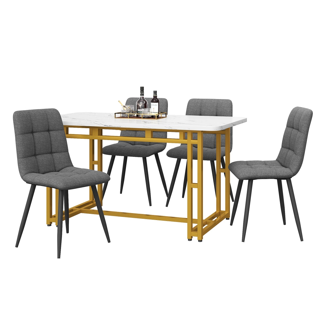 Tavolo da pranzo con 4 sedie, piano in MDF e gambe in metallo dorato, per cucina e soggiorno, grigio, 120 × 70 cm