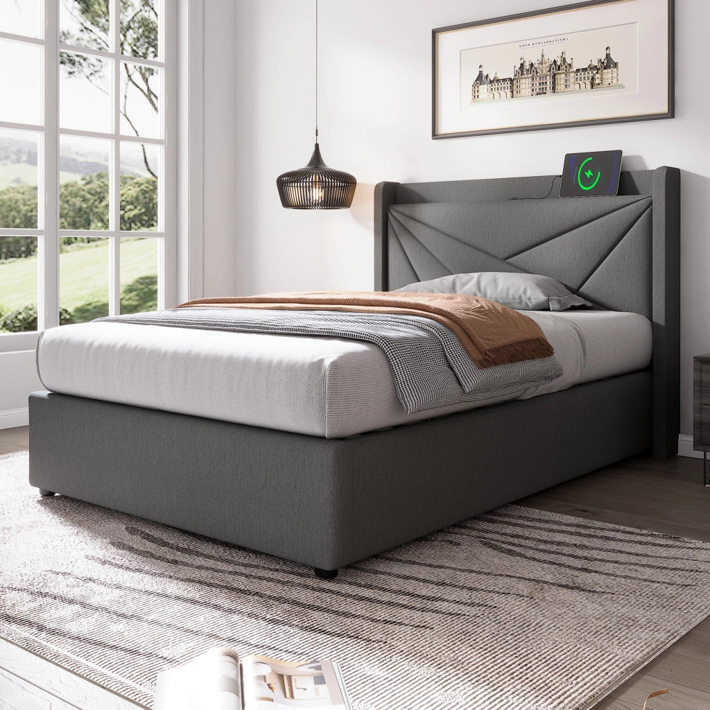 OKWISH Letto Contenitore 90×200 cm, Letto Singolo con Porte USB, Tipo C e Testiera, senza Materasso, in Cotone Lino Grigio