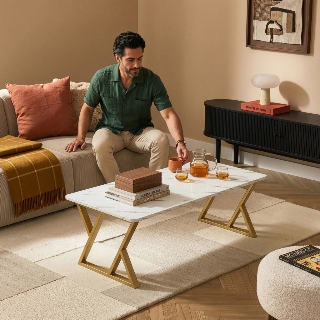 Tavolino da Caffè Nolu con Piano Rettangolare 120 x 60 x 46 cm - Effetto Marmo Bianco/Oro [en.casa]