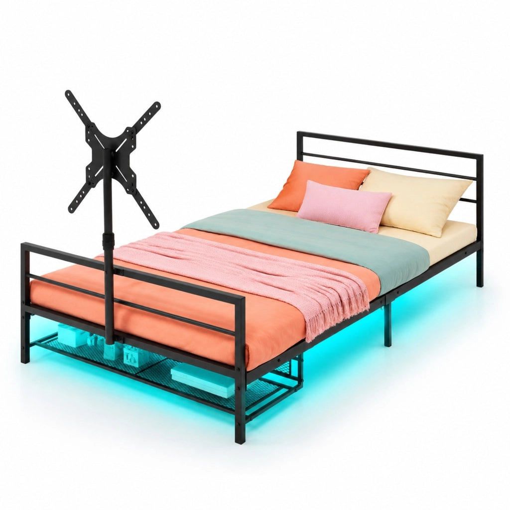 Letto gaming in metallo nero con supporto regolabile, luci LED e cestino contenitore sotto il letto