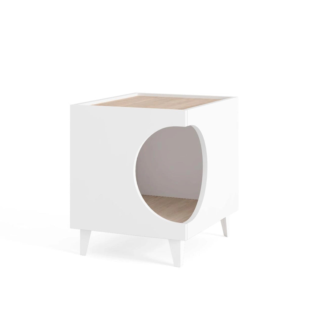 Tavolino cuccia per cani o animali 46,8x37x40cm, ELLIE, ingresso laterale per per lettiera colore Bianco e colore Rovere RF978