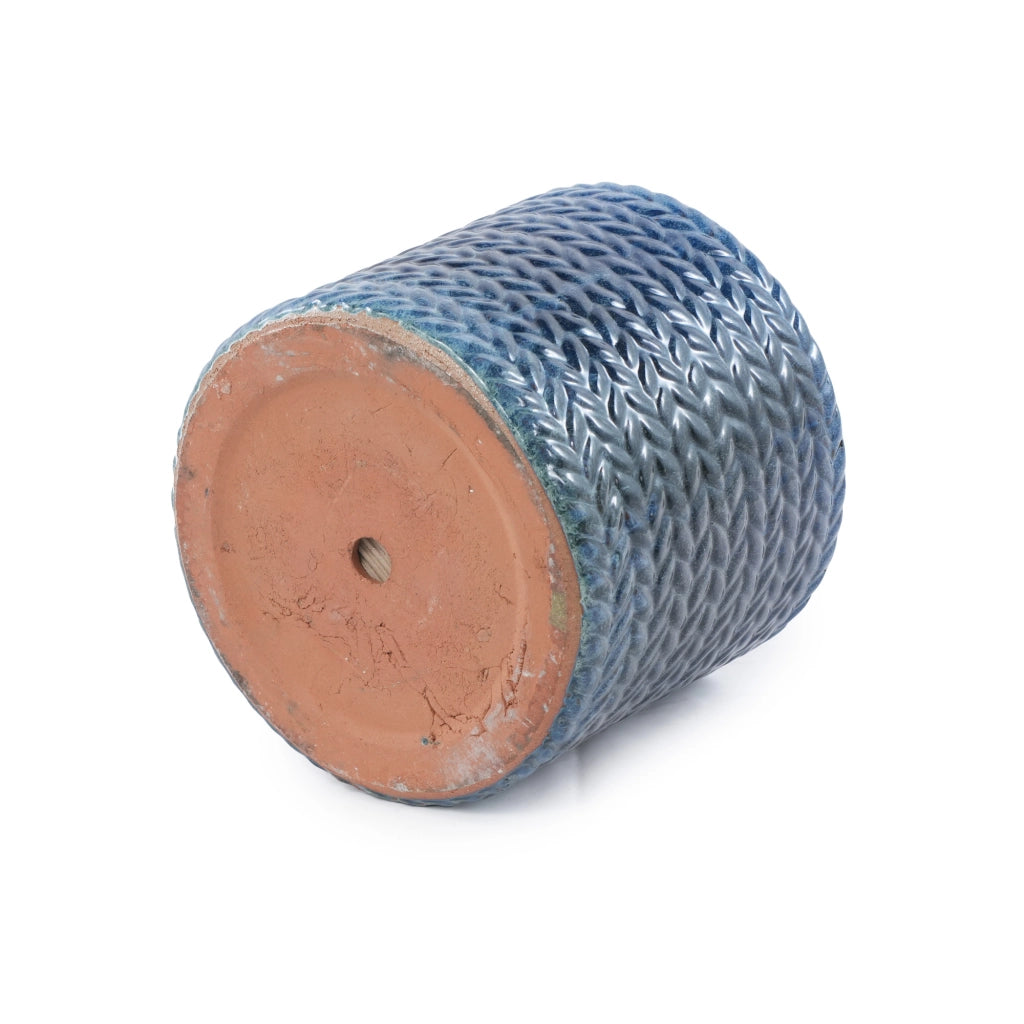 Vaso in ceramica Ø31 cm blu scuro lucido con rilievo a spina di pesce, per piante da interno e aromatiche