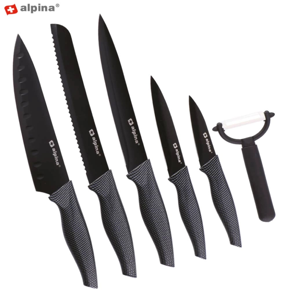 Kit Cucina 6pz Coltelli e Pelapatate Acciaio Inossidabile Antiaderente Alpina