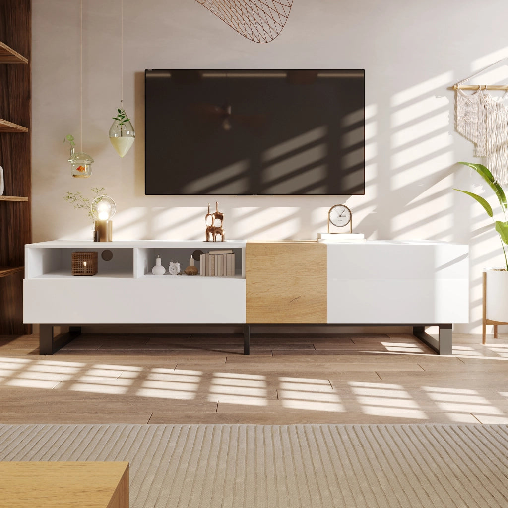 Mobile TV con 2 Ante; 2 Cassetti e 2 Vani Aperti; piedi in metallo; per Soggiorno; in MDF; 180×38×50 cm