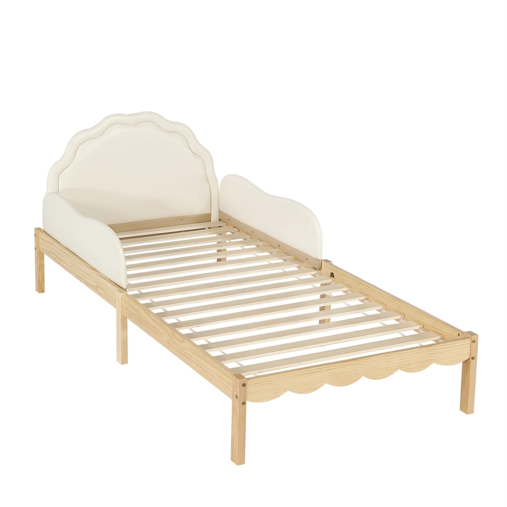 Letto con Sponda 90 x 200 cm; Letto Singolo - Testiera Imbottita - in Legno - Beige