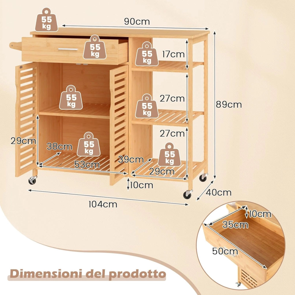 Carrello da Cucina, Mobile da Cucina in Bambù con Ruote Cassetto Ripiani Barra per Asciugamani e Armadio con 2 Porte, Organizzatore per Sala da Pranzo Soggiorno, 104x40x89 cm