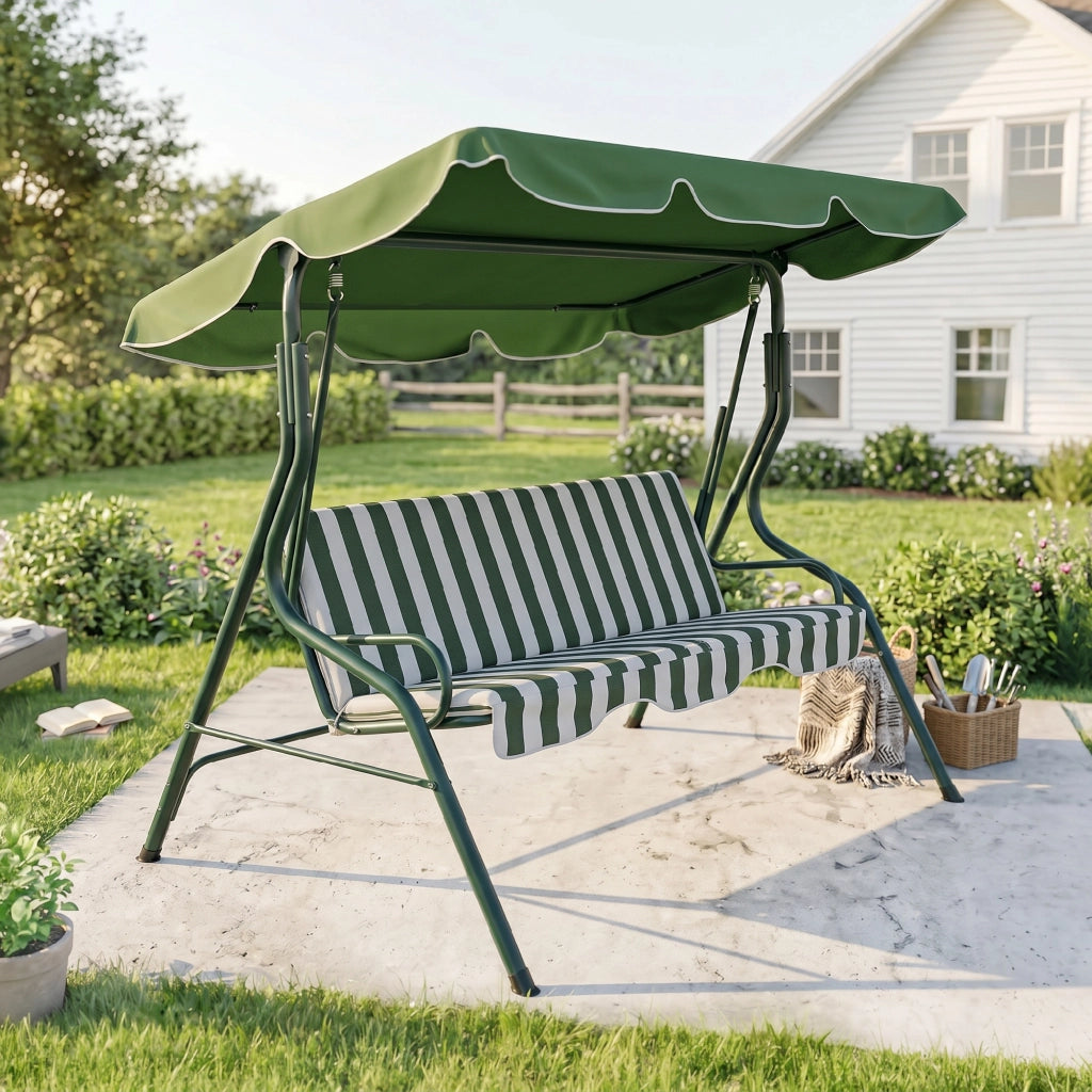 Dondolo 3 Posti con Tettuccio e Cuscini ¨C zephmum ¨C Verde e Bianco, Acciaio e Poliestere, 170x110x153 cm