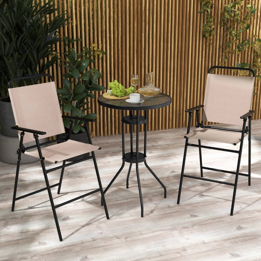 Set bistrot da esterno 3 pezzi, Tavolo bar con 2 sedie pieghevoli piano in vetro temperato foro per ombrellone Beige-Set mobili da esterno