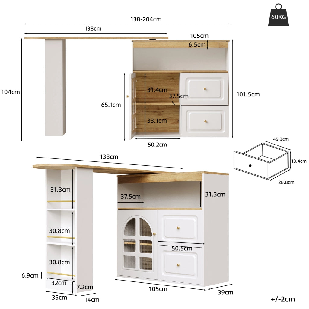 Credenza 138-204x39x104 cm girevole e allungabile in MDF bianco