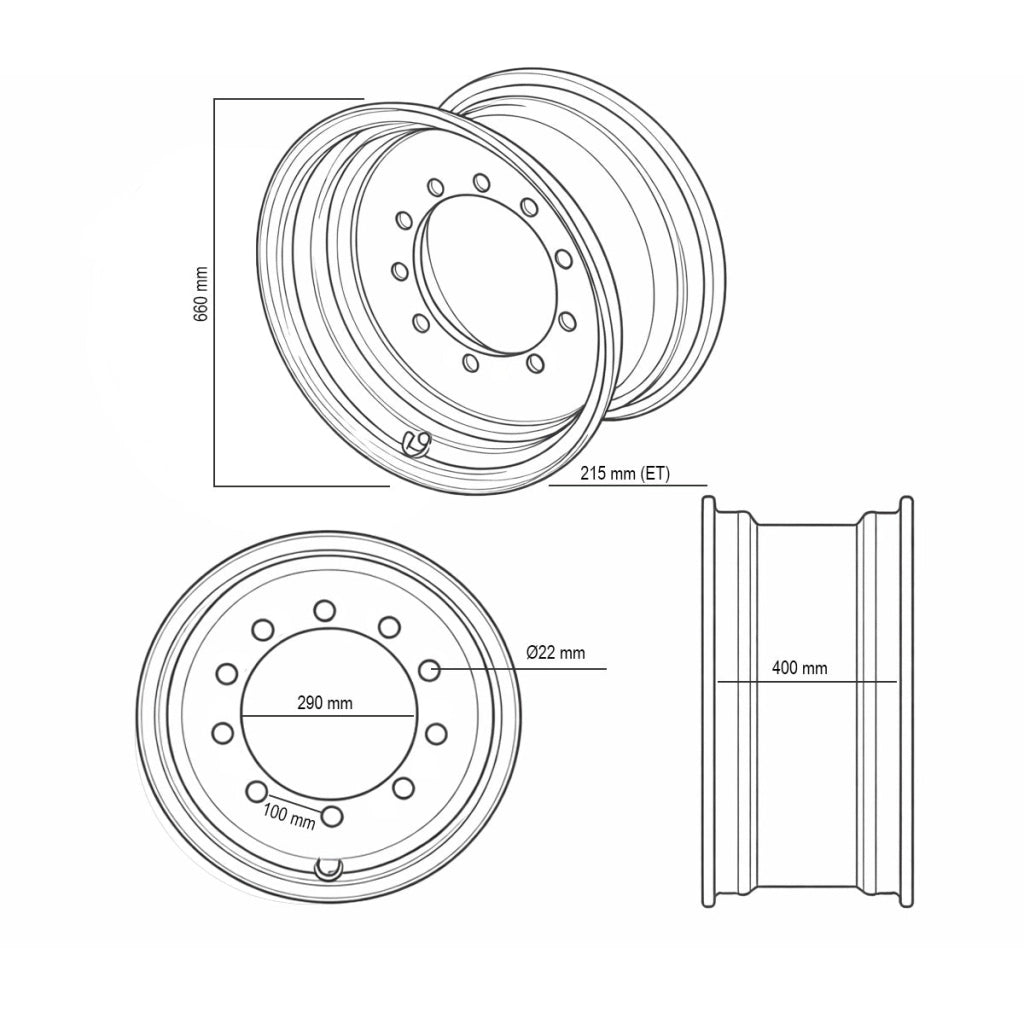 Cerchio posteriore per i modelli 3CX e 4CX di JCB 16x26, 10x100 mm, ET215, foro centrale 290 mm