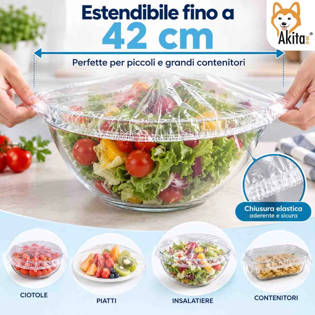 Akitaink Cuffie Copri Alimenti Elastiche Trasparenti 100 Pezzi
