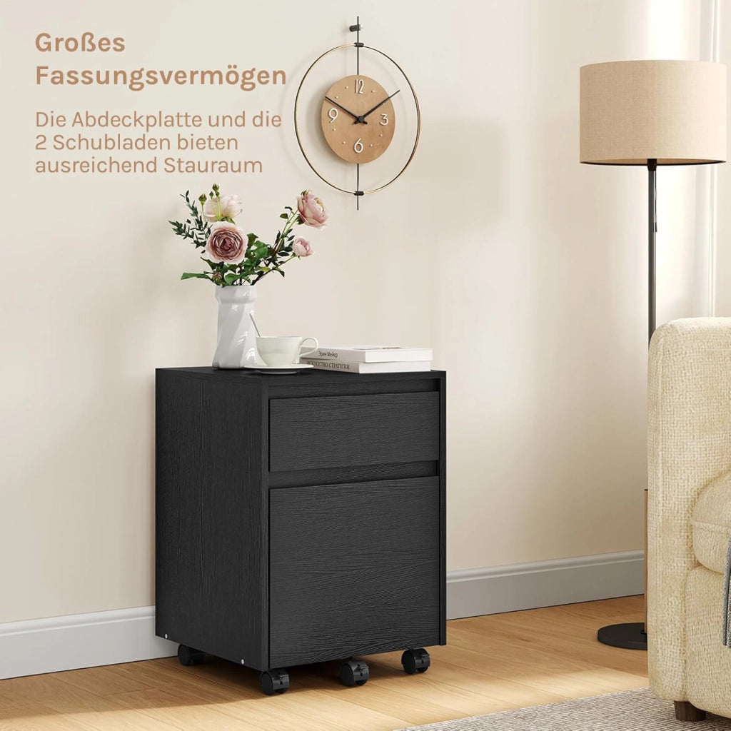 Cassettiera Scrivania con 2 Cassetti, Schedario con Rotelle, Schedario da Ufficio A4, in Legno PB Nero, 40x40x56cm