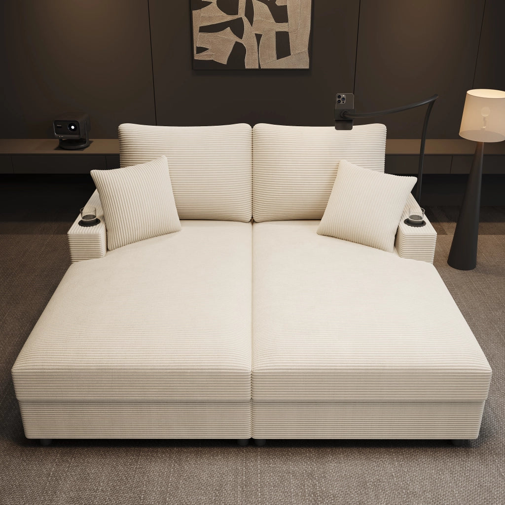 DIVANO Relax 163x140x82 cm in velluto a coste beige, 2 posti