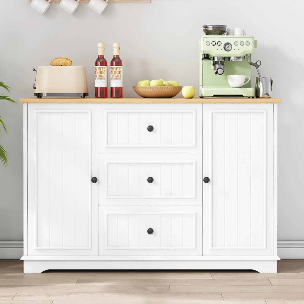 Credenza 126x40x86 cm con 3 cassetti e ripiani regolabili; MDF bianco