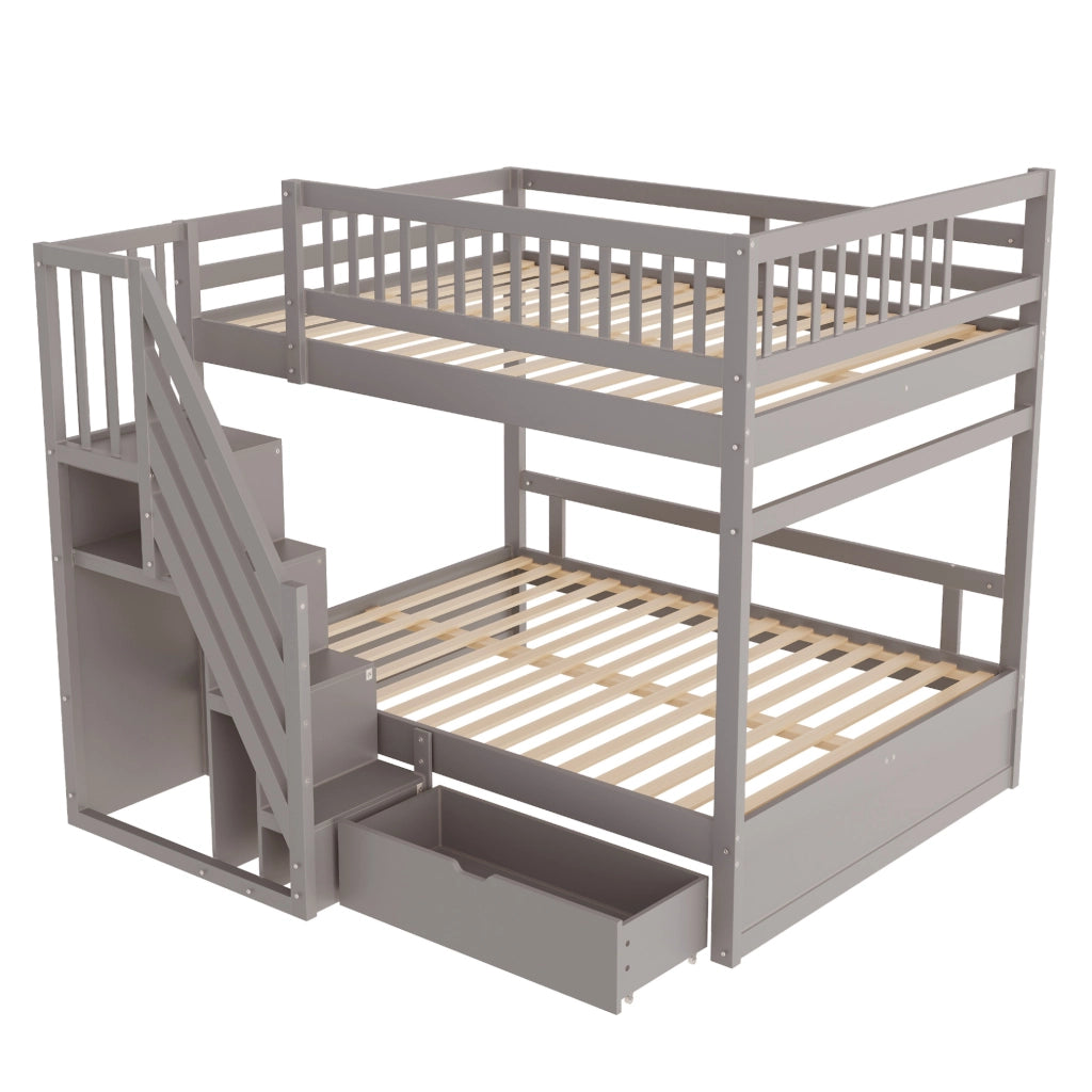 Letto a castello in legno massello 140x200 cm con scala contenitore e cassetti