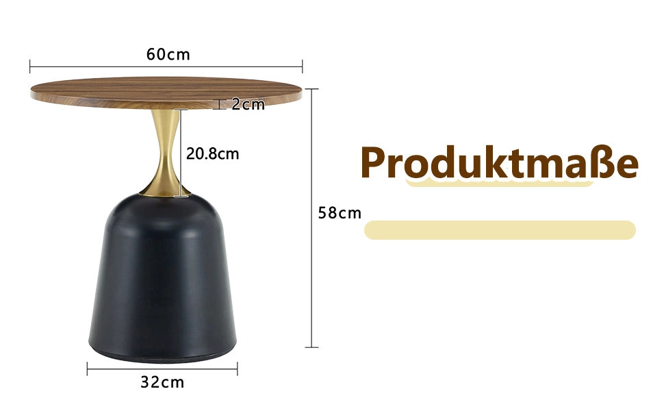 Tavolino basso rotondo con base in metallo e piano in melammina effetto noce, stile moderno, per soggiorno, 70 × 69 × 40 cm