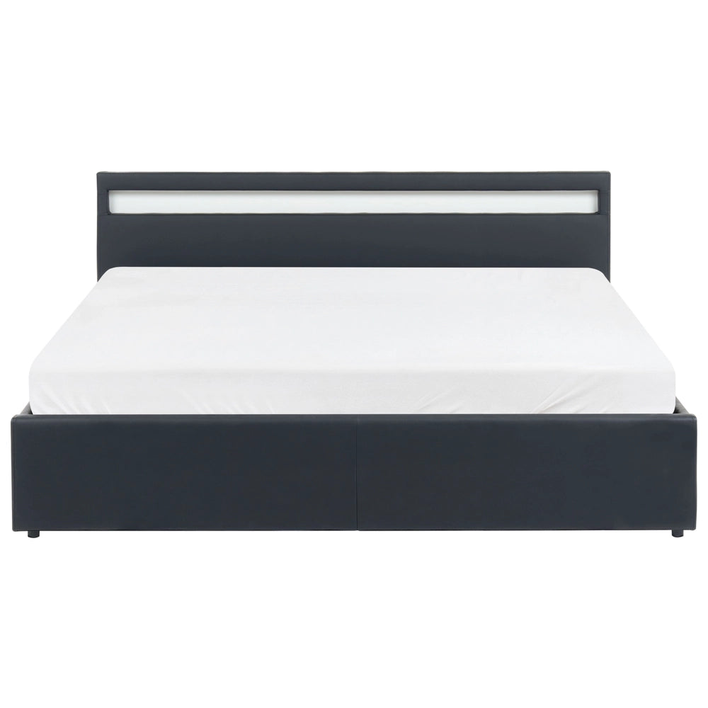 Letto matrimoniale in tessuto nero con LED 180 x 200 cm con contenitore e ottomana con doghe in legno