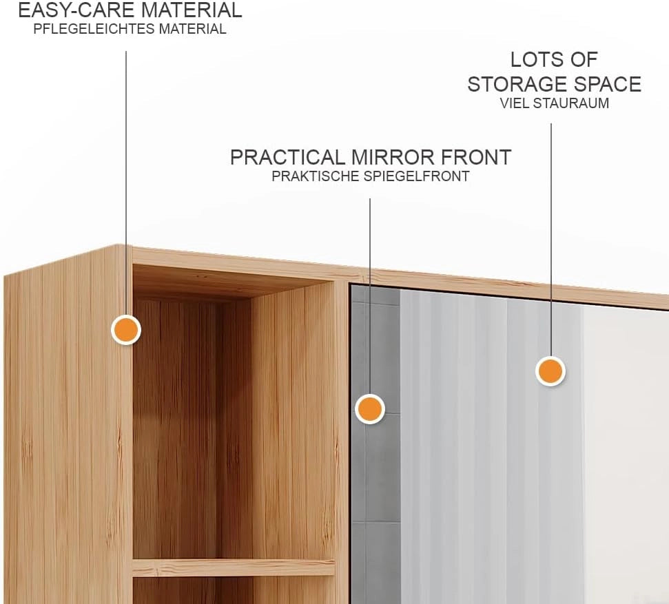 Mobile a specchio per il bagno Lucie, Bambù, 54 x 44.5 cm con specchio, adatto per la conservazione salvaspazio di accessori da bagno