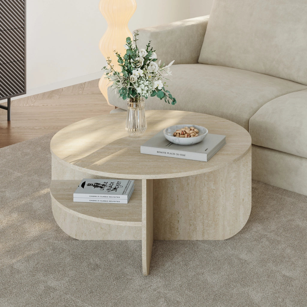 Tavolino Rotondo Reykhon Ø80 x 41 cm Color Avorio Travertin [en.casa]