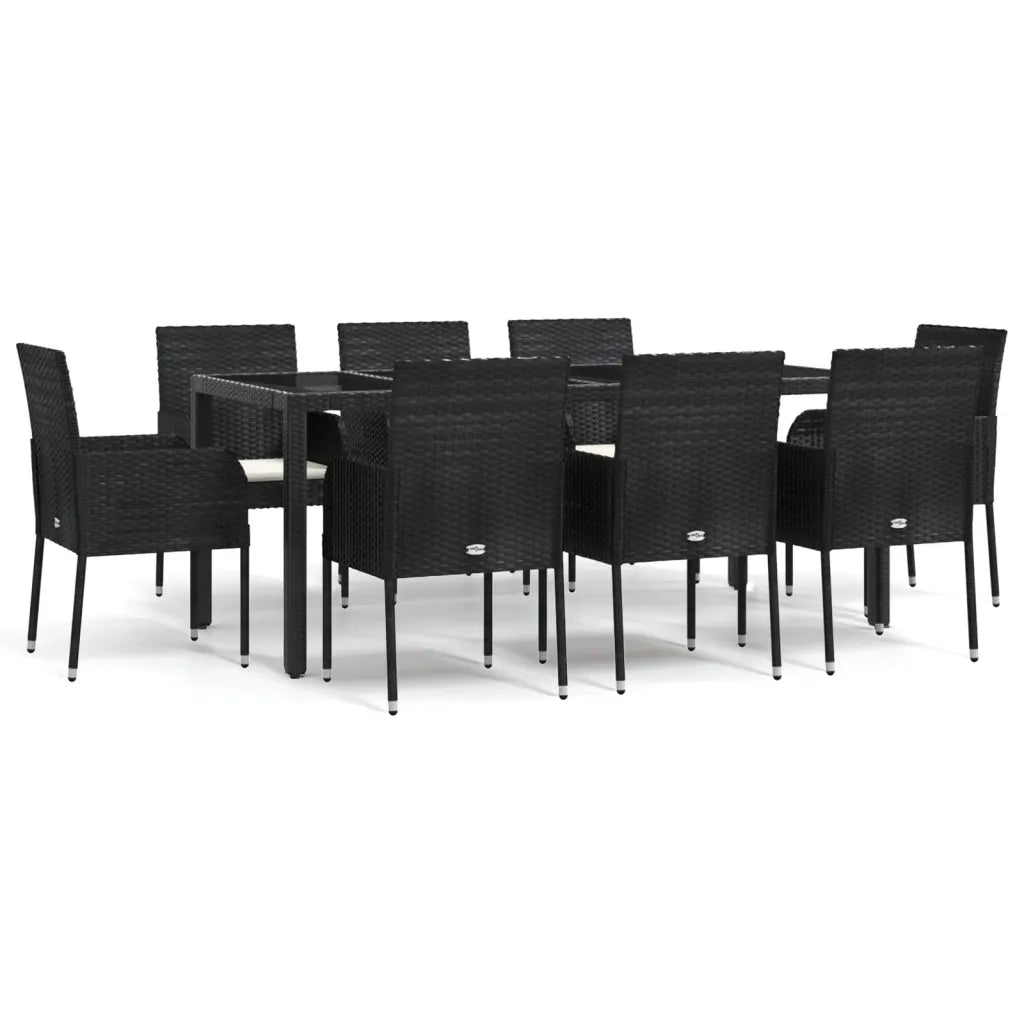 Set da Pranzo da Giardino 9 pz con Cuscini Nero in Polyrattan 3185004