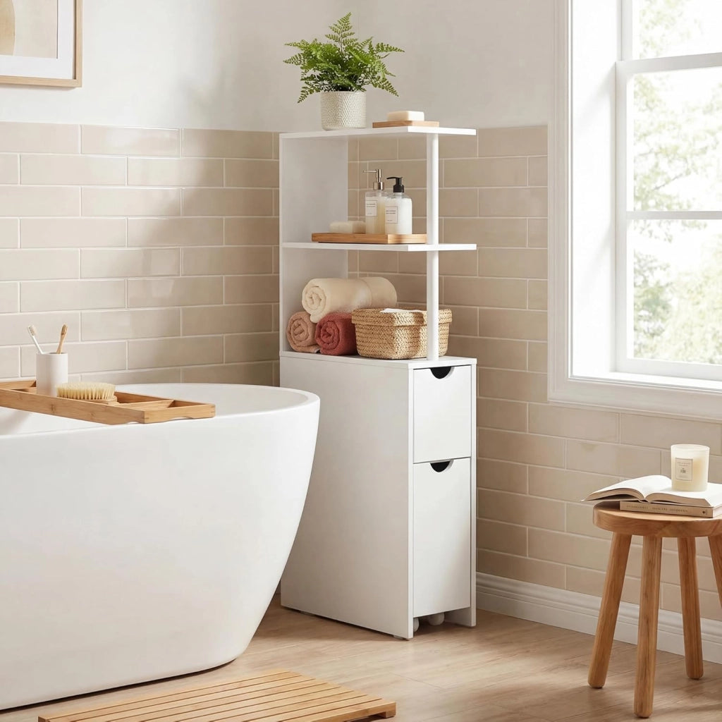 Mobile Alto per Bagno, Armadio da Terra con Ripiani Aperti, Cassetto con Rotelle, Mobile Colonna per WC Salvaspazio per Salotto, Camera e Cucina, 45 × 20 × 114 CM, Bianco